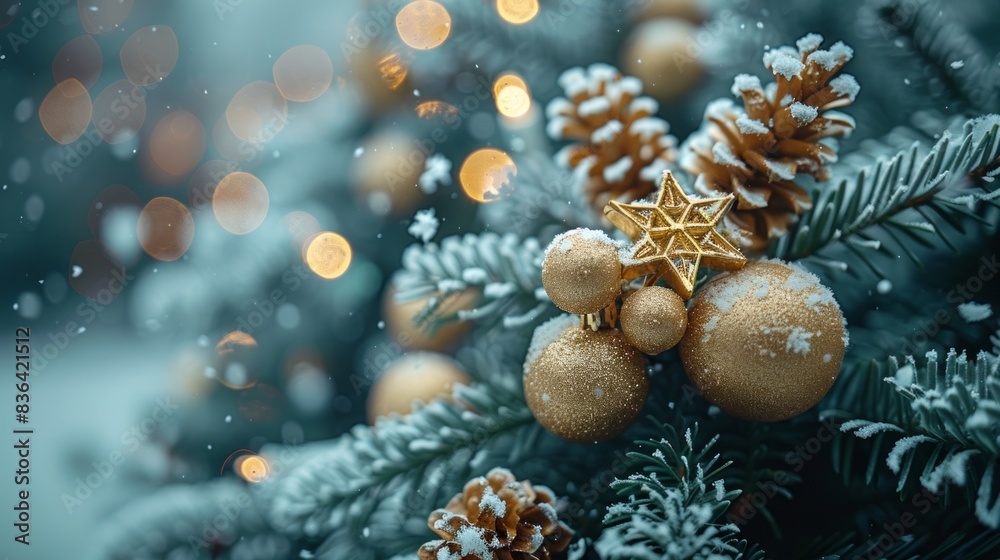 An evergreen branch covered in snow with Merry Christmas text An evergreen branch covered in snow with Merry Christmas text