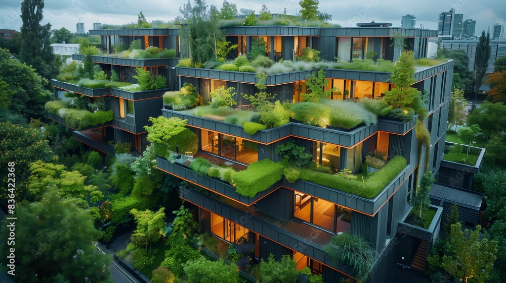 Contemporary buildings with lush green rooftops Contemporary buildings with lush green rooftops