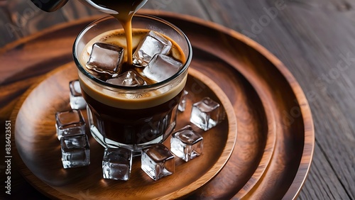 Coffee drip in glass with cube ice on wooden plate