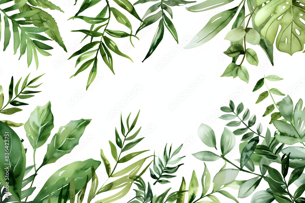 Naklejka premium tropical green leaves and branches on watercolor frame, perfect for wedding invitations or greeting cards. generative ai