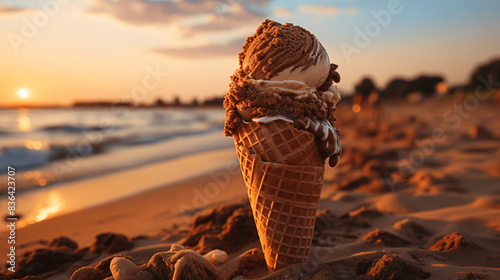 Glace dans un cornet. Glace au chocolat, vanille, café sur un arrière-plan flou de la plage. Coucher de soleil, mer, océan, plage. Vacances, été, soleil. Plaisir, détente, gourmandise.  photo
