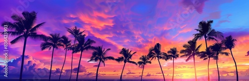 A vibrant tropical sunset with palm trees silhouetted against the colorful sky, creating an exotic and romantic atmosphere in Hawaii.,+