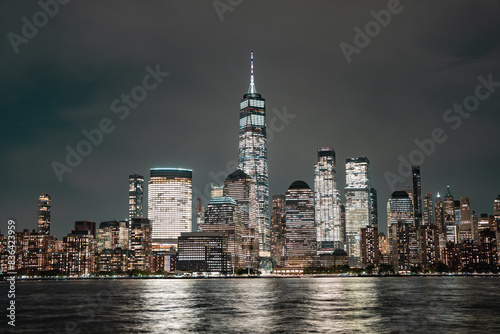 Night in The NYC city  USA  United States. Night day with iconic buildings. New York City NYC Manhattan Downtown Skyline  viewed from Jersey City  USA.