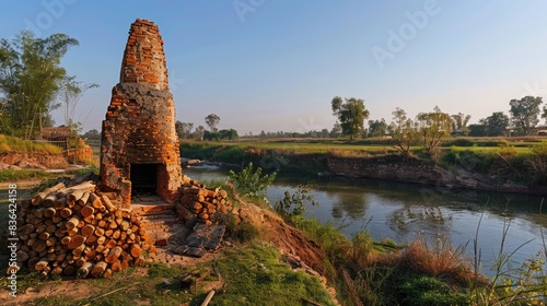 Clay brick kiln powered by wood next to a river photo