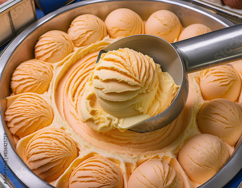 A metal scoop lifts a creamy, orange-colored scoop of ice cream from a round container filled with similar scoops
