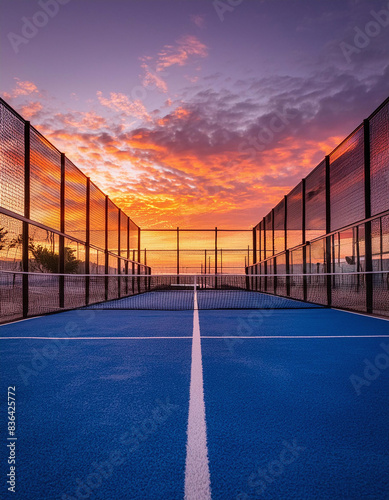 Empty blue paddle tennis court at sunrise, bathed in warm orange and pink light
