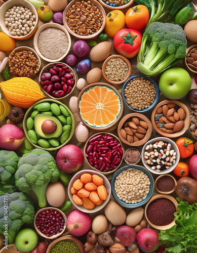 A colorful array of fruits, vegetables, nuts, and seeds, arranged in bowls and scattered across a surface
