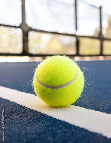 A tennis ball rests on a blue court, bisected by a white line, with a blurred chain link fence in the background