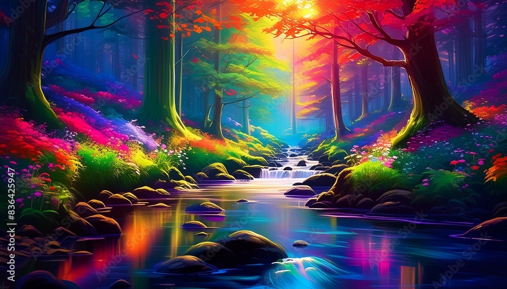 Obraz premium A peaceful stream flowing through a dense forest. 