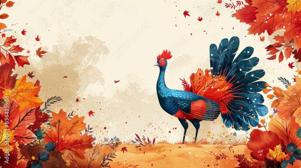 Fototapeta premium Colorful Bird With Red And Blue Feathers Standing In A Fall Forest