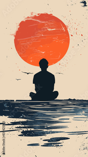 Silhouette of a man meditating on the beach. Vector illustration