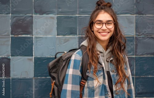 Young Woman With Glasses and Backpack Smiling in Front of Blue Building
