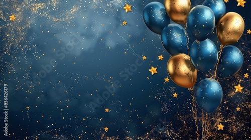 Blue And Gold Balloons With Stars On A Dark Blue Background