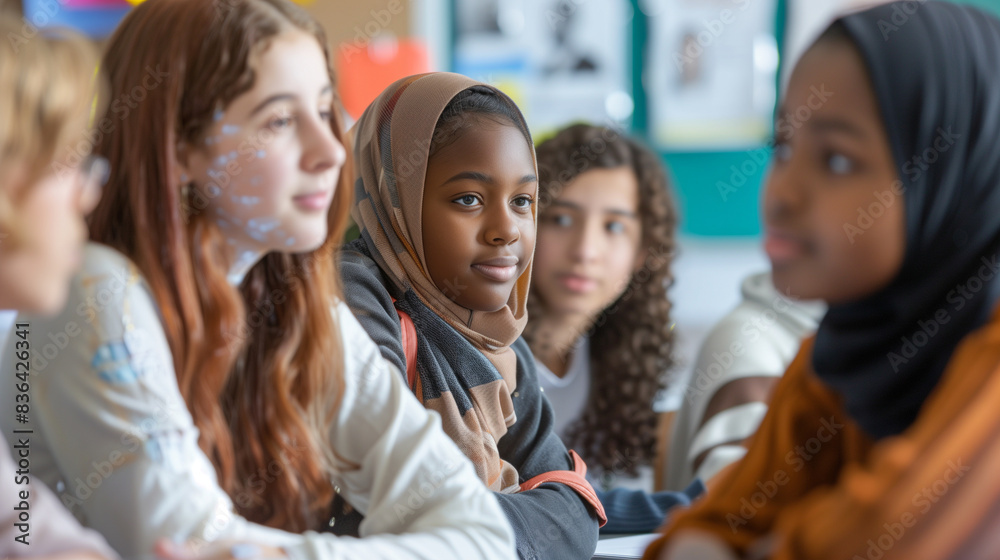 Obraz premium a close-up image of students of different ethnic backgrounds engaged in a classroom discussion about social justice, with posters and resources highlighting key concepts, Education