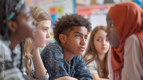 a close-up image of students of different ethnic backgrounds engaged in a classroom discussion about social justice, with posters and resources highlighting key concepts, Education
