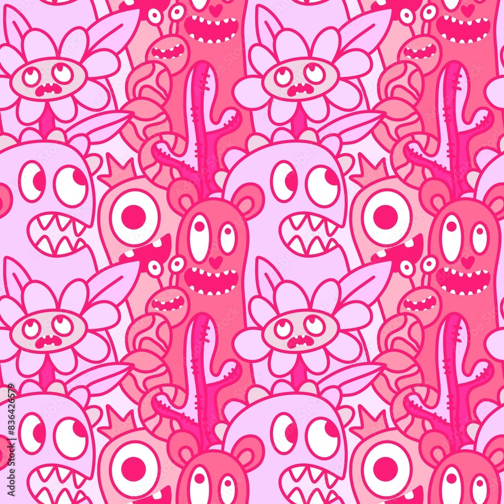Fototapeta premium Cartoon doodle Halloween aliens seamless monster pattern for wrapping paper