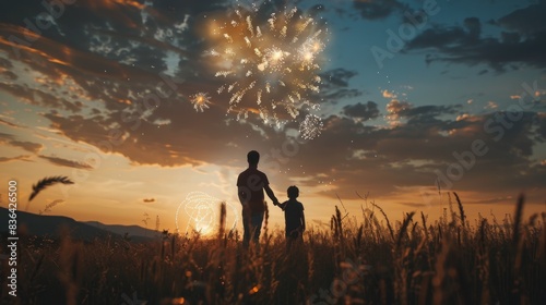 Father And Son Watching Fireworks At Sunset In A Field