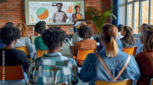 a  of a diverse group of people attending a workshop on racial prejudice, with a speaker presenting and educational materials displayed on a screen, Education, Awaren
