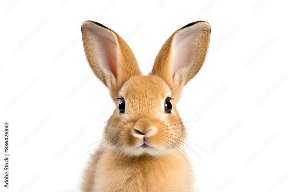 Cute rabbit looking at camera. Head close-up portrait of hare. White Isolated background. Generative AI