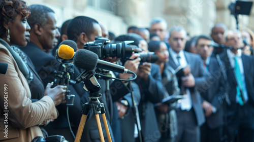 a detailed image of a group of human rights advocates holding a press conference, with microphones and cameras capturing their statements on legal support for racial discrimination photo