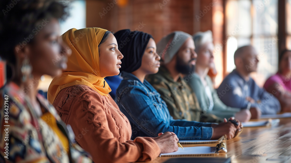 Obraz premium a of a community workshop on legal rights, with a diverse group of participants learning about their rights and how to address racial discrimination, Legal support,