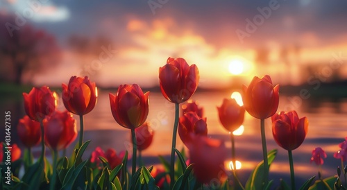 Pink Tulips Blooming at Sunset Over a Lake