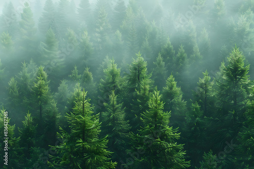 lush green pine forest in fog, tranquil nature vibes. generative ai
