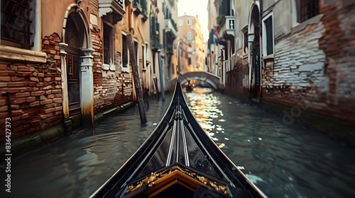 Serene Gondola Ride Through Narrow Historic Venice Canal at Sunset with Rustic Buildings and Iconic Bridge in Italy © HNXS Digital Art