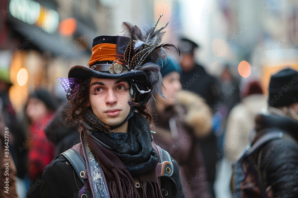 Young Person in Colorful Outfit and Feathered Hat at Urban Street Event, Capturing Unique Street Fashion and Expressions in a Bustling City Environment Young Person in Colorful Outfit and Feathered Hat at Urban Street Event, Capturing Unique Street Fashion and Expressions in a Bustling City Environment