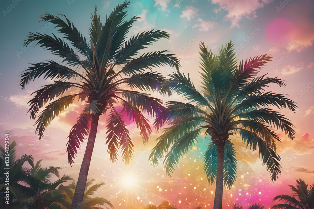 Landscape with palm trees on beach.  Palms silhouettes at neon sunset sky. Summer tropical background. Vacation travel concept.