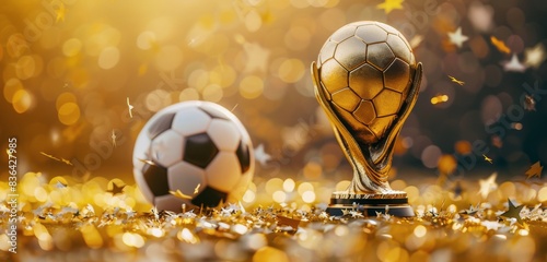 Golden Soccer Trophy With Confetti and Stars