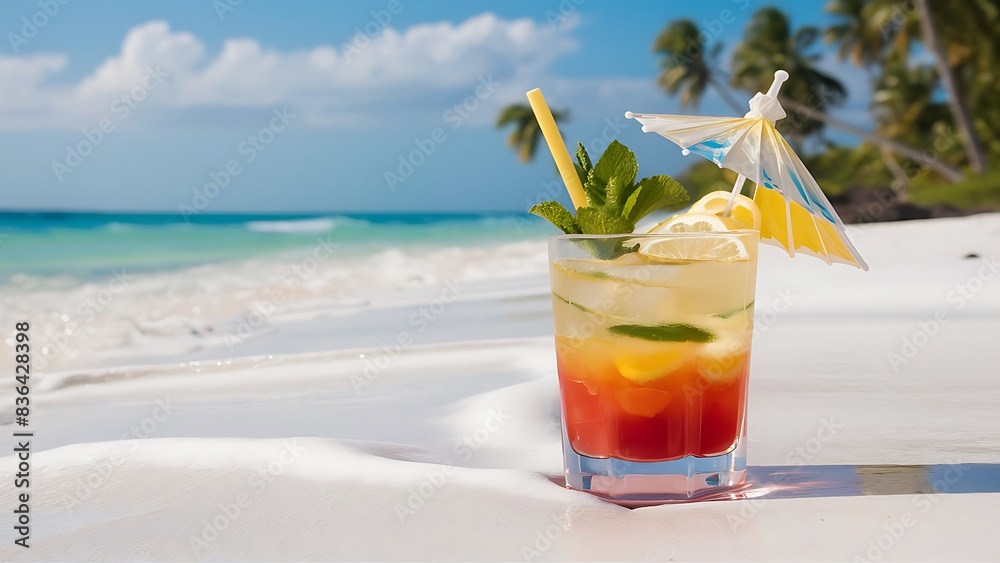 Obraz premium Cocktail with lemon mint and ice on the beach