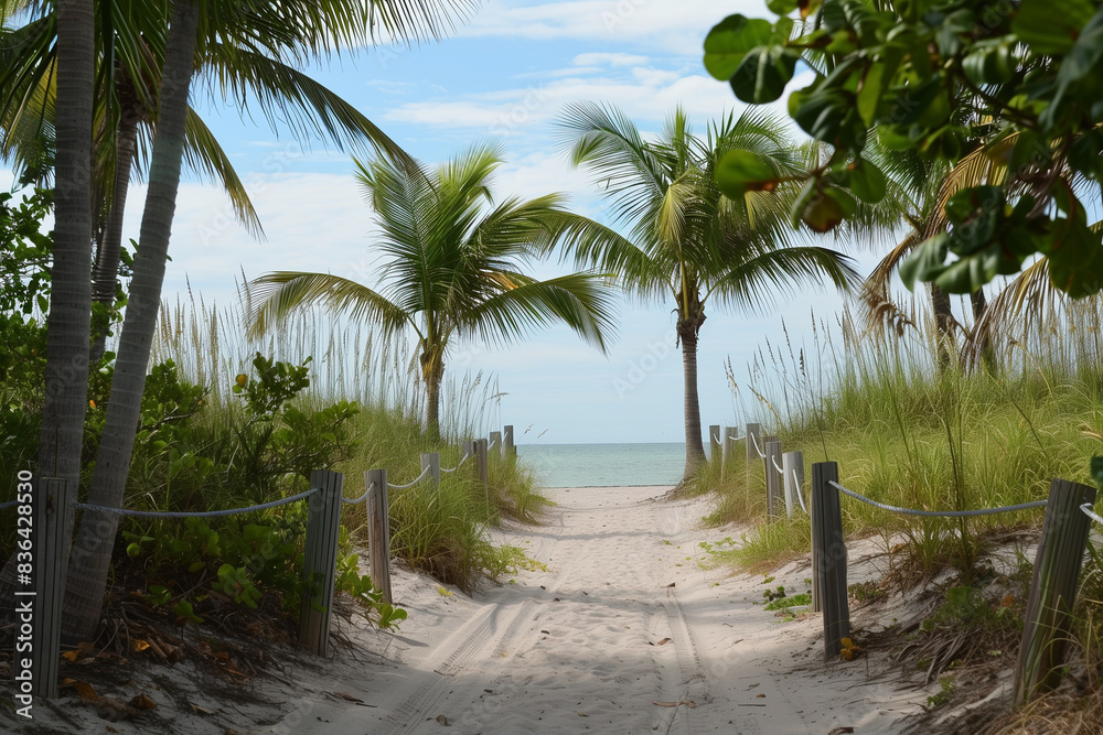 A sandy pathway leading to the beach, flanked by rows of palm trees A sandy pathway leading to the beach, flanked by rows of palm trees