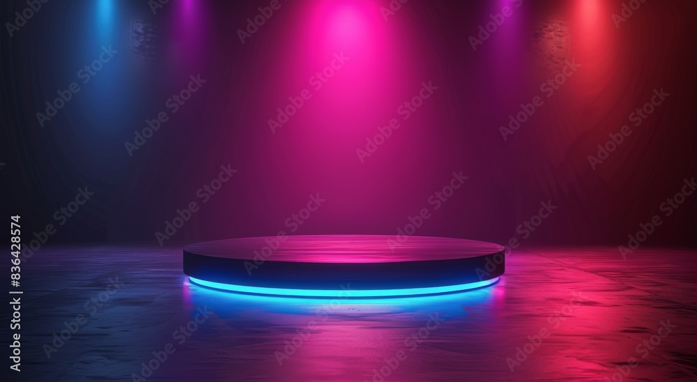 Neon Lights Illuminate Three Circular Platforms in a Concrete Room