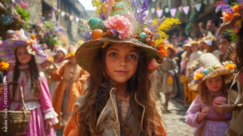 A Young Girl Wearing a Flowery Hat in a Street Full of Other People - Generative AI © Zeynep