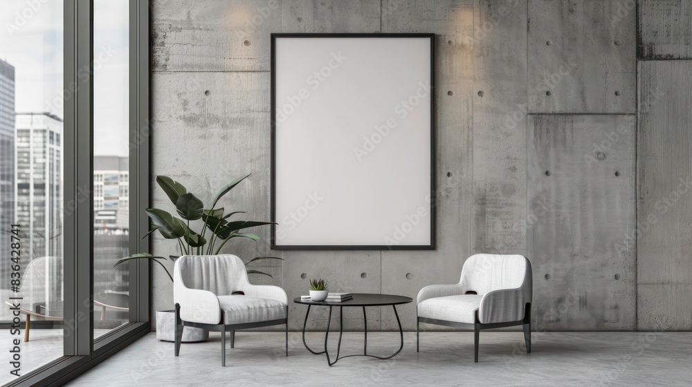Black picture frame on wall in open space office with modern furniture, Blank white poster