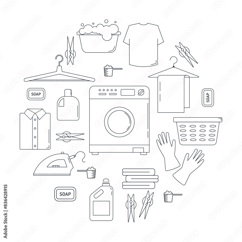 Set of laundry and washing icons. Collection of elements for cleaning and washing. Household isolated vector illustration Set of laundry and washing icons. Collection of elements for cleaning and washing. Household isolated vector illustration