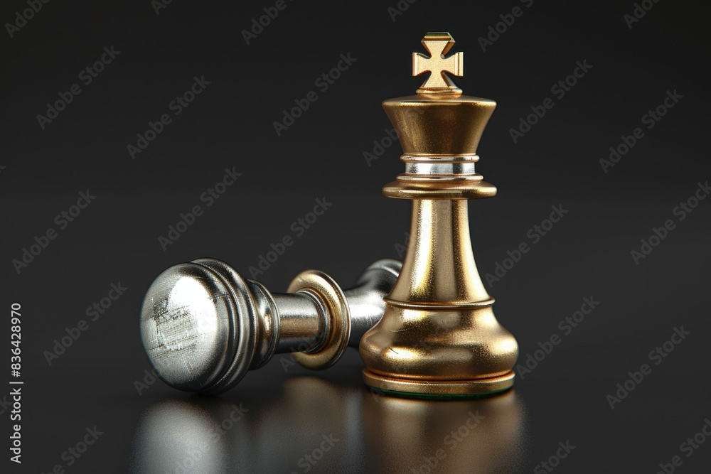 A pair of high-quality chess pieces in gold and silver, suitable for use in photography, design, or as a prop A pair of high-quality chess pieces in gold and silver, suitable for use in photography, design, or as a prop