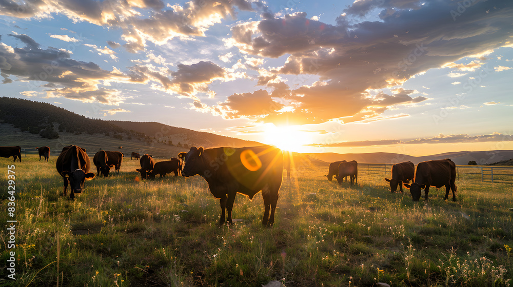 Peaceful Cattle Grazing on Highland Meadows at Sunset with Beautiful Hills and Scenic Sky in Summertime Countryside Escape of Nature Peaceful Cattle Grazing on Highland Meadows at Sunset with Beautiful Hills and Scenic Sky in Summertime Countryside Escape of Nature
