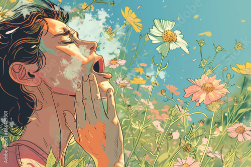 An artistic illustration of a person sneezing amidst a field of vibrant flowers, depicting a hay fever reaction