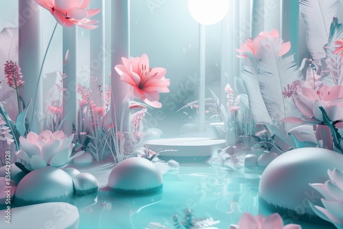 Serene 3D scape with pastel flowers and smooth stones.