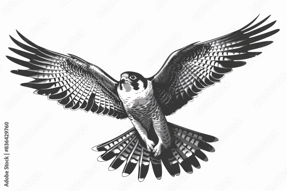 Fototapeta premium A detailed black and white illustration of a bird of prey in mid-flight, suitable for use as an icon or decorative element
