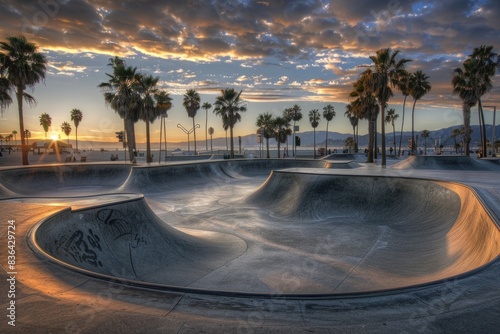 A skatepark scene with palm trees in the background, suitable for use in action or sports-themed projects