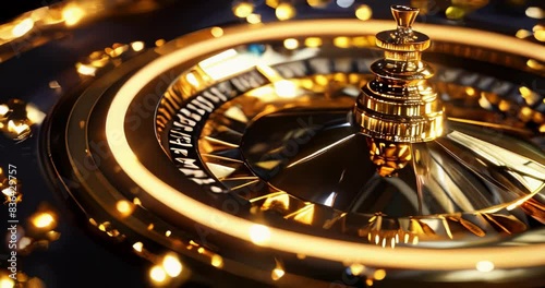 Golden roulette wheel spinning in casino, symbolizing luxury, excitement, and chance in gambling industry