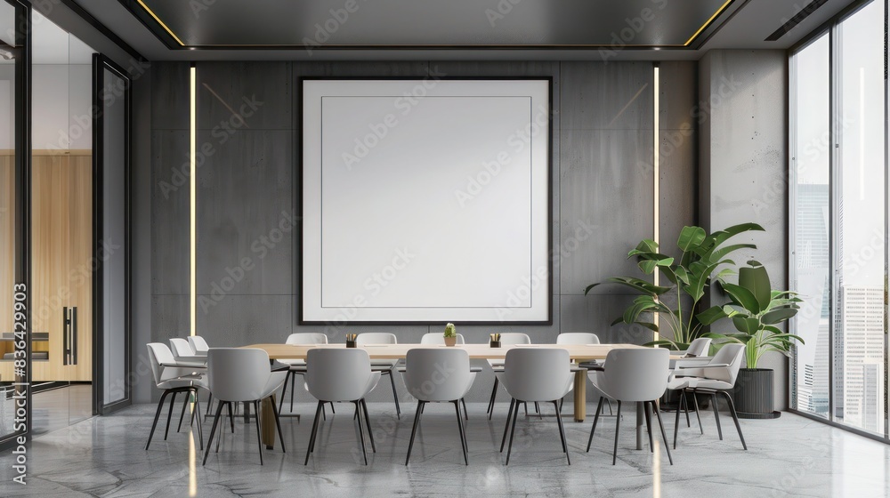 Blank white poster in black picture frame on wall with Clean meeting room, 3D rendering, mock up Blank white poster in black picture frame on wall with Clean meeting room, 3D rendering, mock up