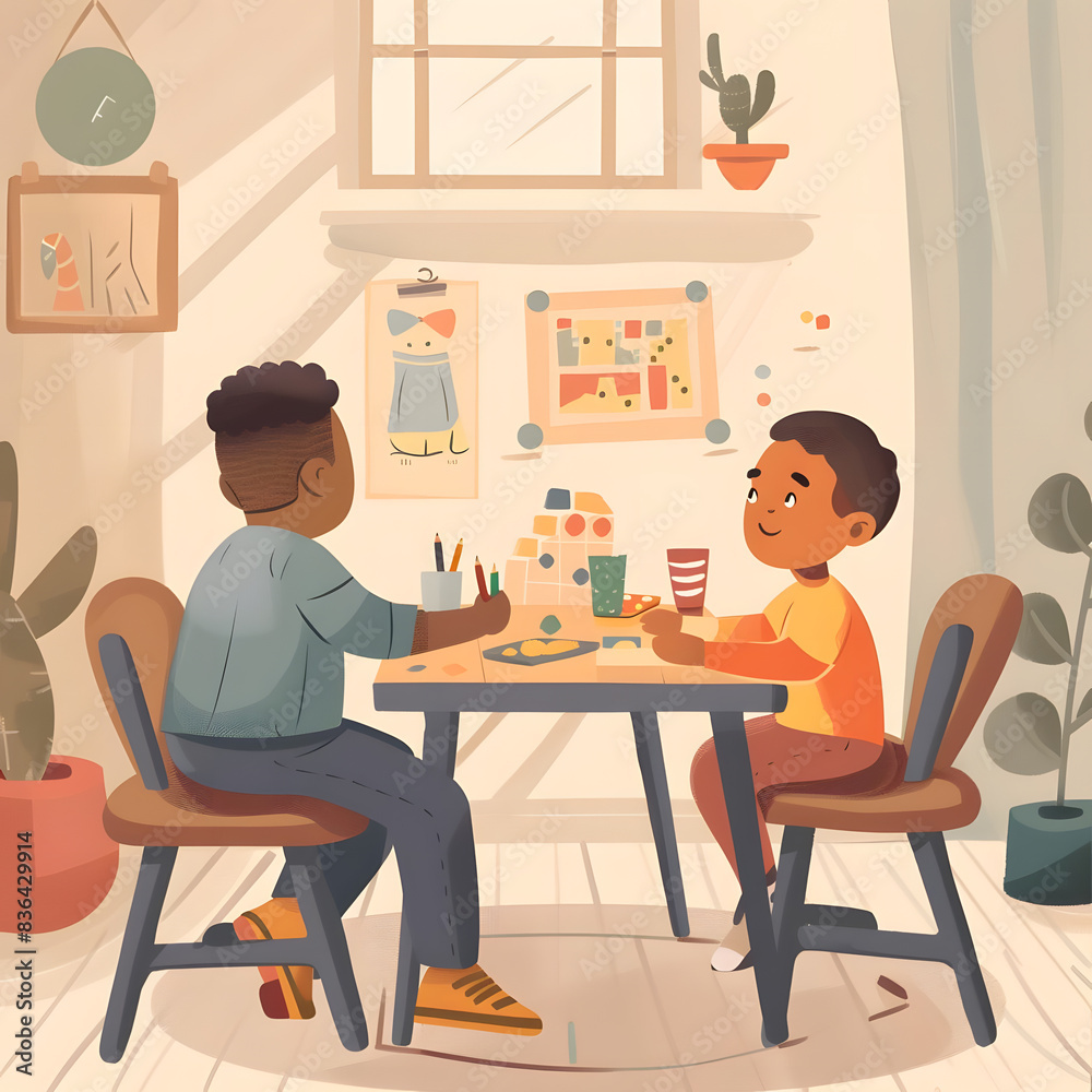 Heartwarming illustration of a boy with autism having fun while learning with his tutor at home, highlighting the importance of personalized therapy and connection. Heartwarming illustration of a boy with autism having fun while learning with his tutor at home, highlighting the importance of personalized therapy and connection.