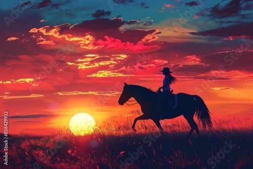 A person rides a horse in a open field during sunset  suitable for use in travel  outdoor or adventure themed contexts