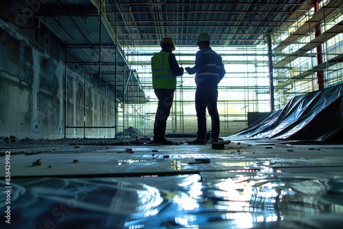 Two construction workers standing in a large building
