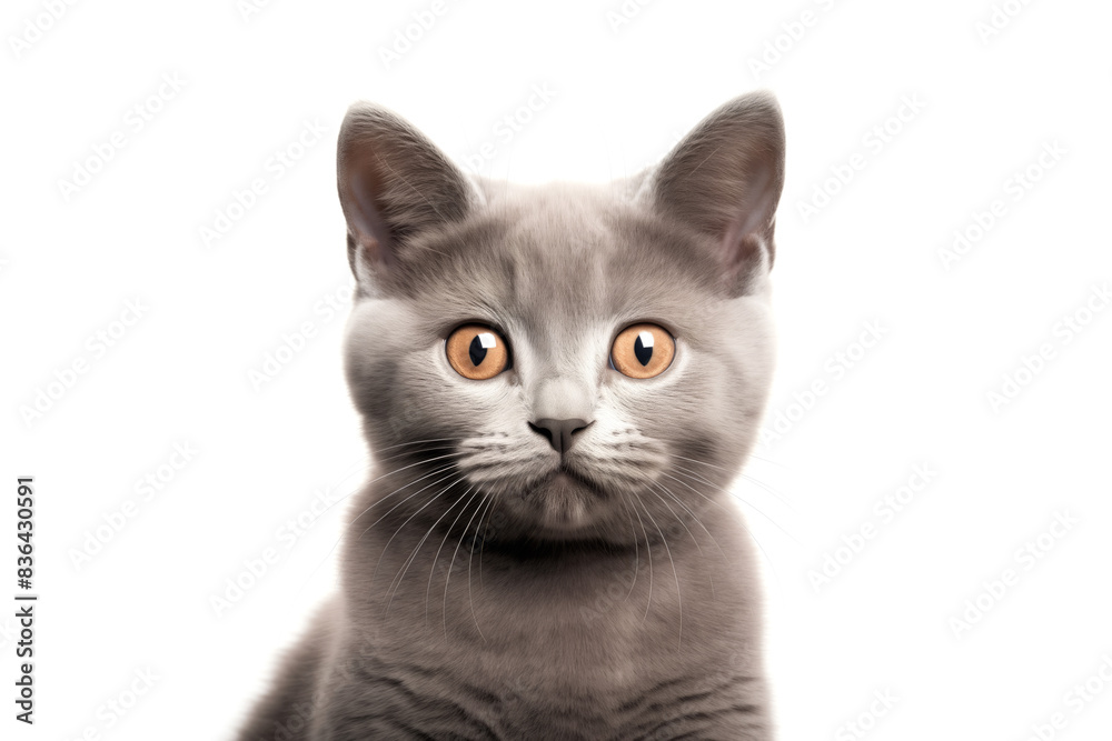 Cute chartreux kitty looking at camera. Head close-up portrait of chartreux cat. White Isolated background. Generative AI Cute chartreux kitty looking at camera. Head close-up portrait of chartreux cat. White Isolated background. Generative AI