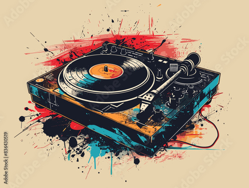 Vintage turntable with vinyl record. Grunge vector illustration
